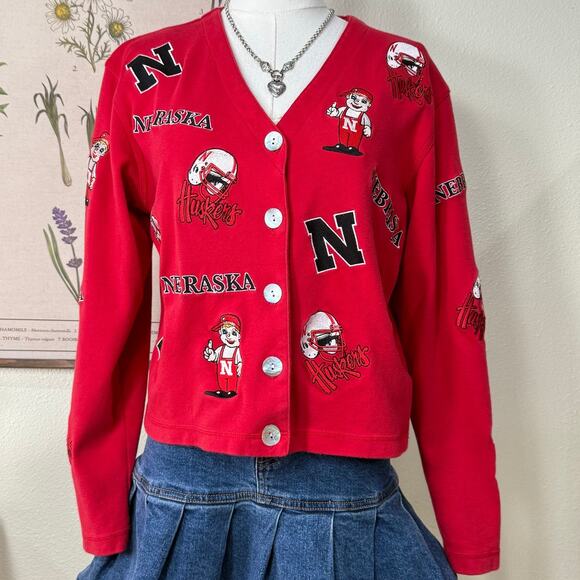 Vintage 90s Y2k Nebraska Huskers Cornhuskers Football Embroidered Cardigan M - Picture 2 of 9